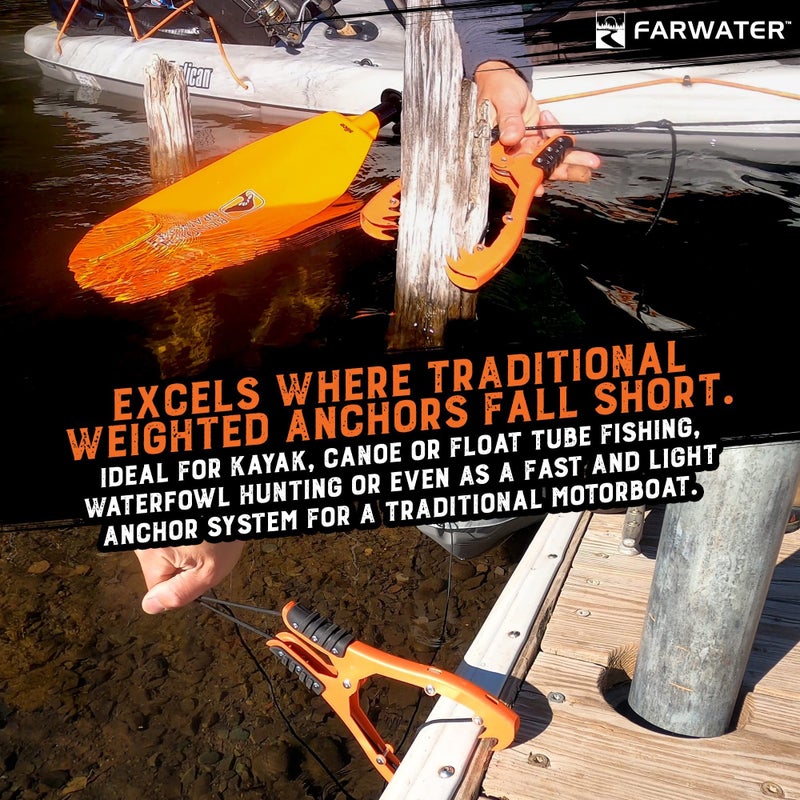 FARWATER Canoe Anchor Grip - Boat  Float Tube & Kayak Fishing Accessories  Kayaking Equipment - Brush Clamp Anchor with Teeth - Gripper with 15ft Paracord - Rubber Grips - Coated Steel - Matte Orange - Image 3